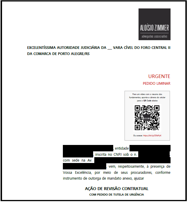 A tecnologia a serviço do Direito - Em tempos de pandemia, ampliamos uma técnica que utilizávamos para alegações finais. Agora, todas as nossas petições iniciais são acompanhadas de um QR-CODE que leva o/a magistrado/a e seus assessores a um vídeo, gravado por um dos nossos advogados, com a síntese dos fatos e dos fundamentos jurídicos.
A petição inicial fica mais ou menos assim:

Além de ser um importante momento para compilar todas as nossas teses jurídicas e apresentá-las ao juízo, usamos este vídeo para destacar a urgência da liminar e eventuais danos no caso de seu indeferimento.
Além de deixar o juízo mais seguro na hora de decidir, este vídeo cumpre uma função primordial em tempos de pandemia: aproximar advogado e juiz e entregar a Justiça no caso concreto.
É assim que continuamos oferecendo um serviço diferenciado e entregando resultados aos clientes.
E que bom que podemos nos valer da tecnologia em tempos de distanciamento social. 

 Por Ana Paula Mella Vicari